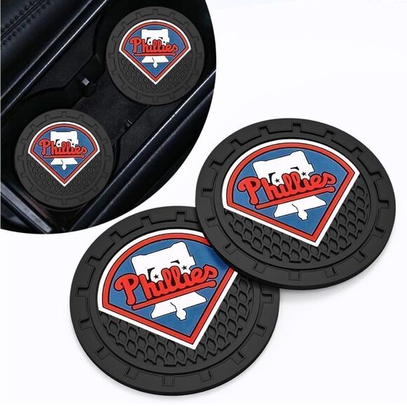 MLB Philadelphia Phillies car cup Coasters in black with logo Set of 2 NWT - Picture 1 of 6